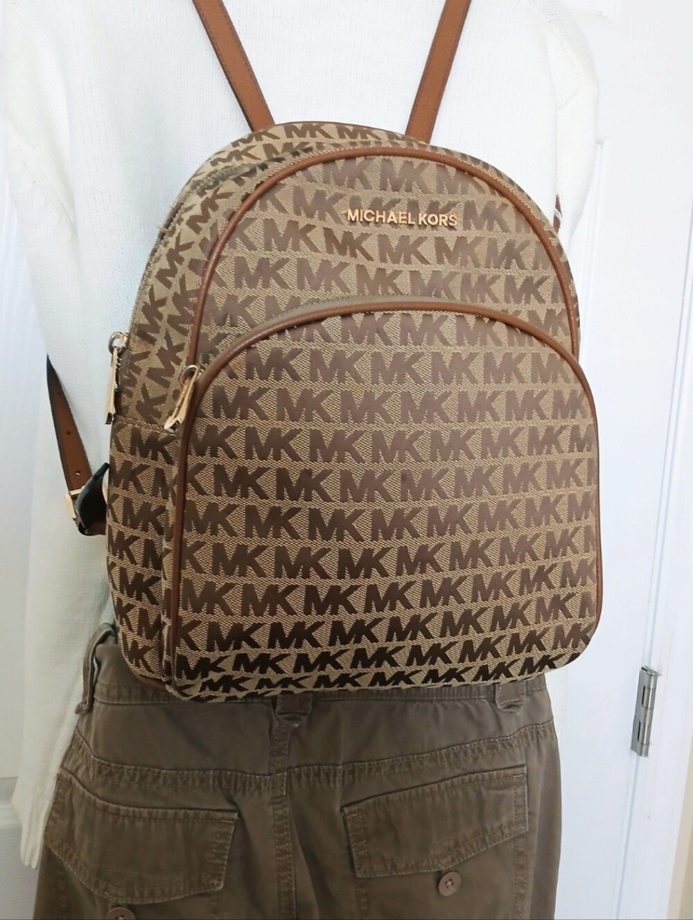 Michael Kors Tan/Brown Signature Logo Medium. Backpack. MSRP $428.